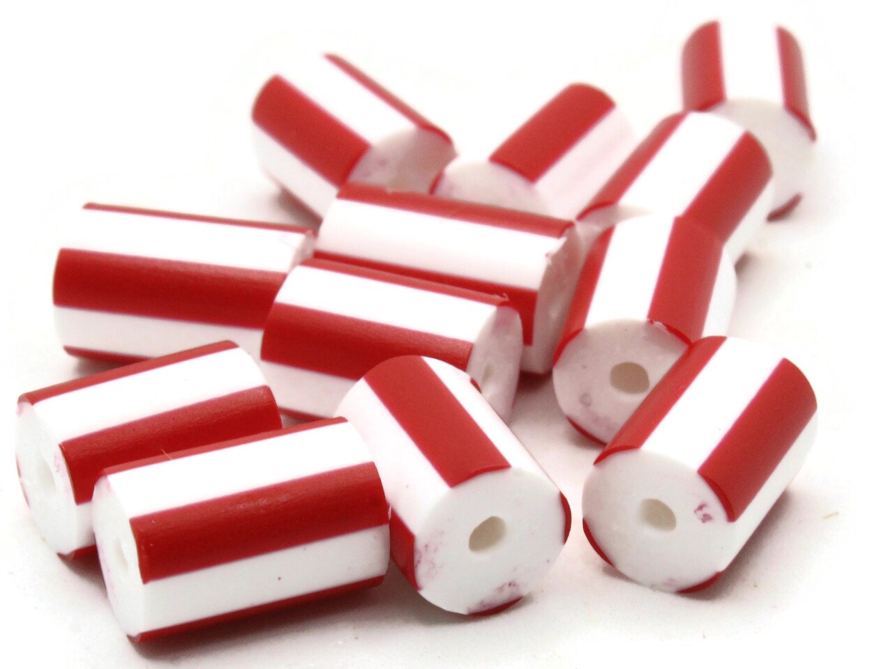 12 12mm to 14mm Red and White Striped Vintage Plastic Tube Beads